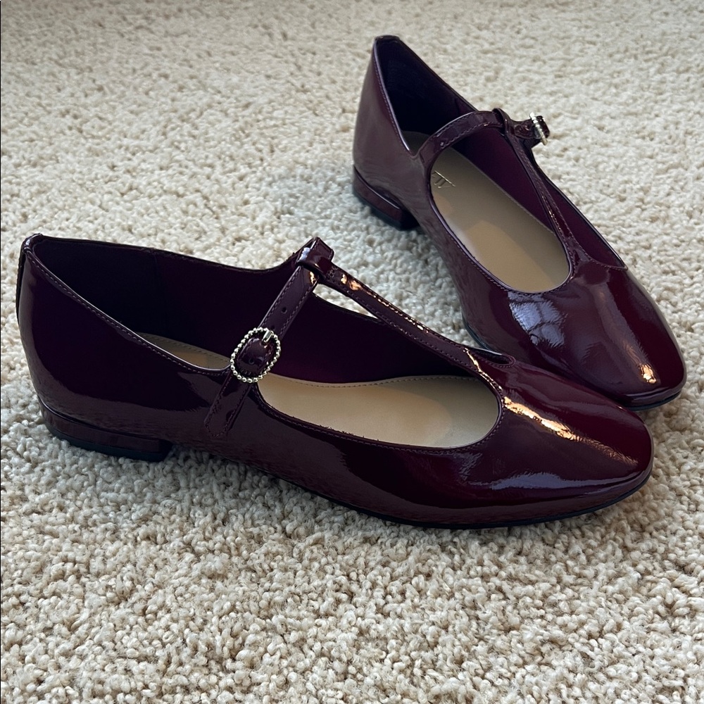 J. Crew Burgundy Patent Leather T-Strap Flats